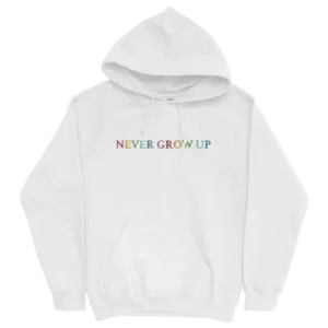 Never Grow Up Embroidered White Hoodie